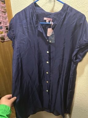Calypso St. Barth Navy Blue Silk Button-Front Blouse